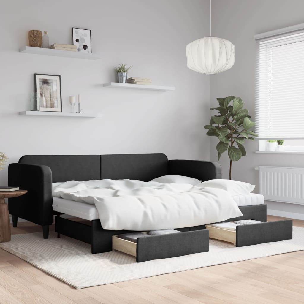 Divano Letto Estraibile con Cassetti Nero 90x200 cm in Tessuto