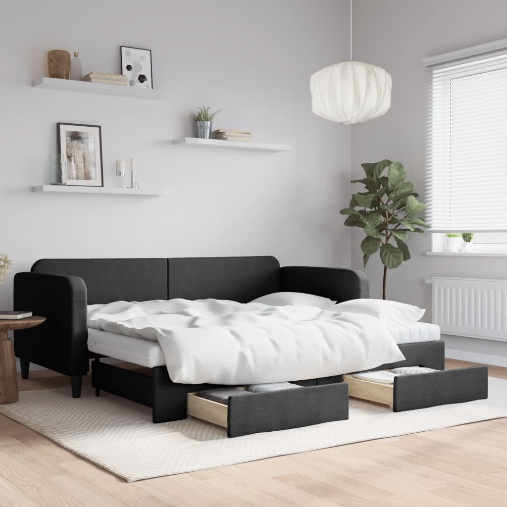 Divano Letto Estraibile con Cassetti Nero 90x190 cm in Tessuto