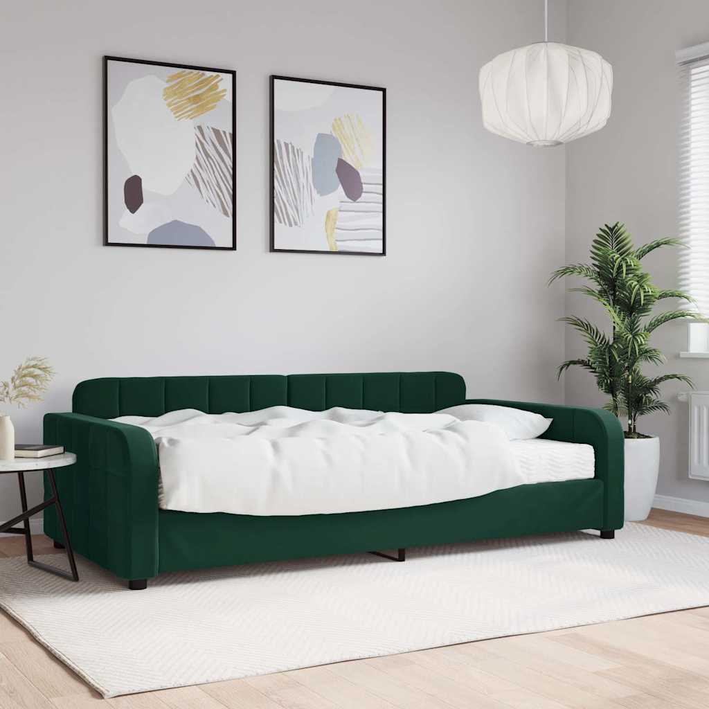 Divano Letto con Materasso Verde Scuro 100x200 cm in Velluto