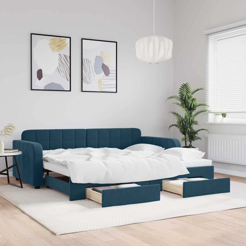 Divano Letto Estraibile con Cassetti Blu 90x200 cm in Velluto