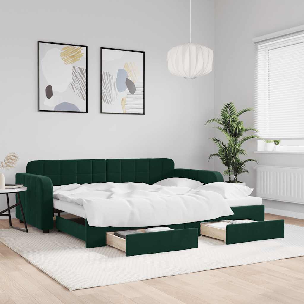 Divano Letto Estraibile Cassetti Verde Scuro 90x200cm Velluto