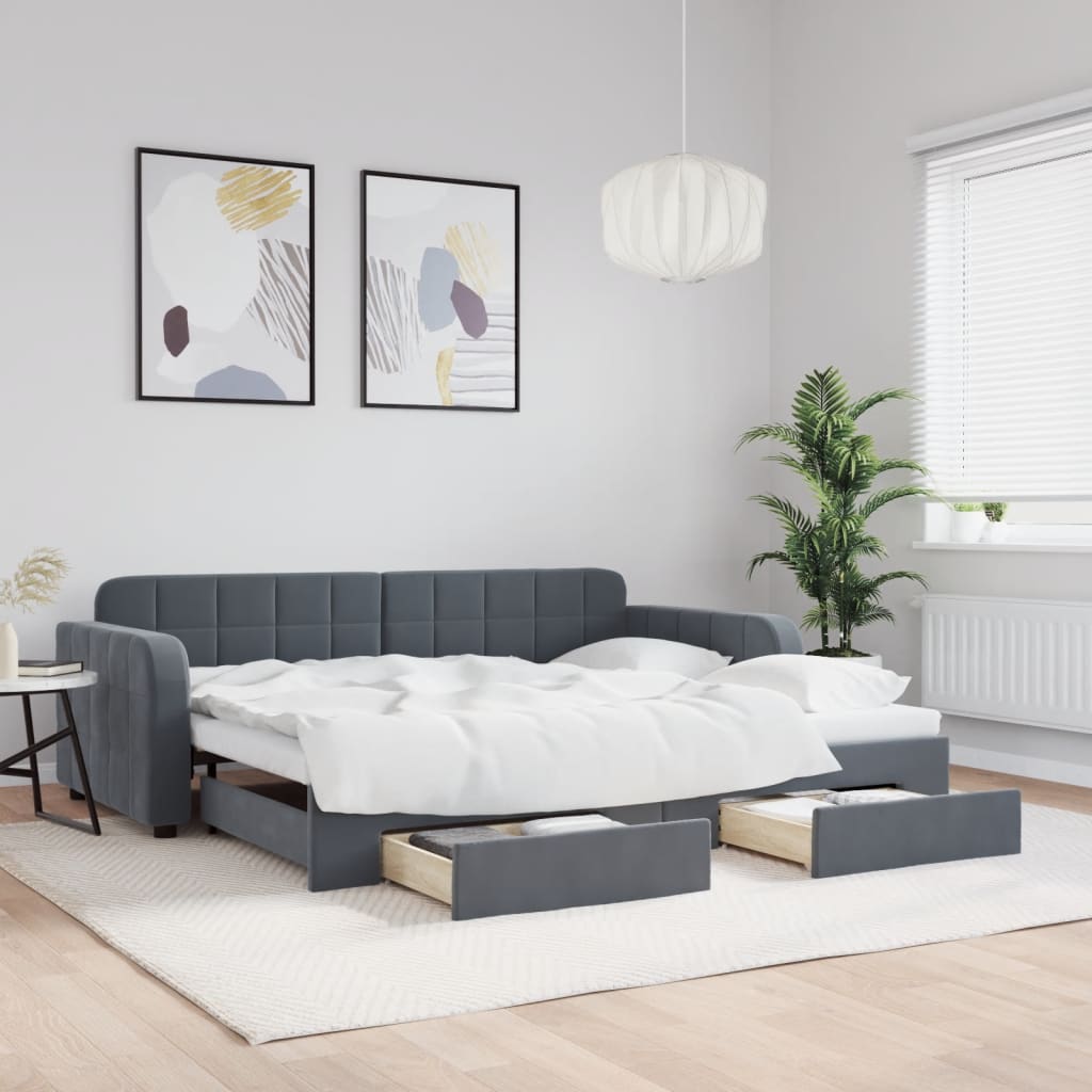 Divano Letto Estraibile Cassetti Grigio Scuro 90x190cm Velluto