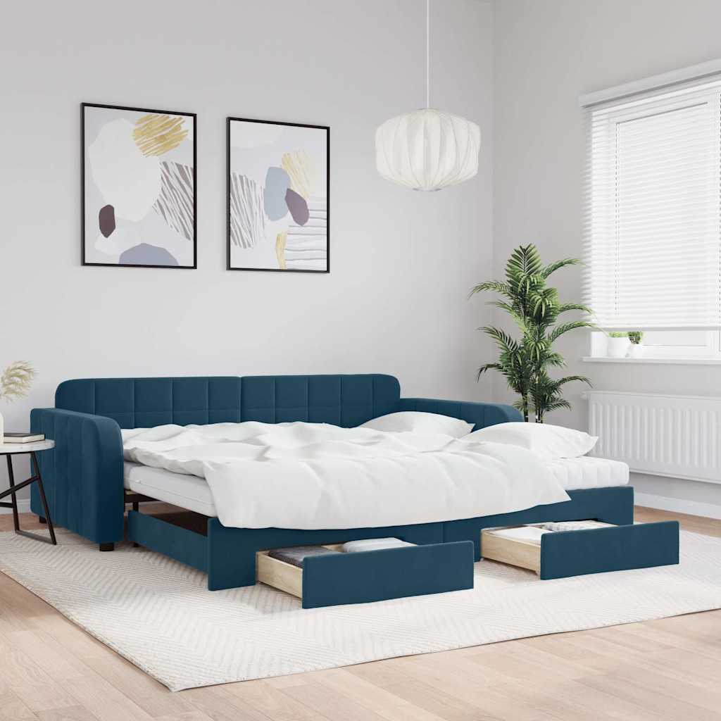 Divano Letto Estraibile con Cassetti Blu 100x200 cm in Velluto