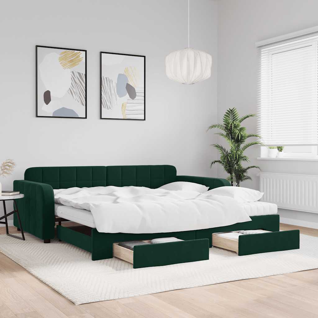 Divano Letto Estraibile Cassetti Verde Scuro 100x200cm Velluto