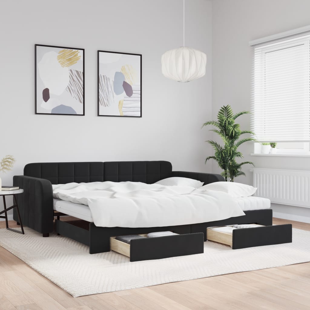 Divano Letto Estraibile con Cassetti Nero 100x200 cm in Velluto