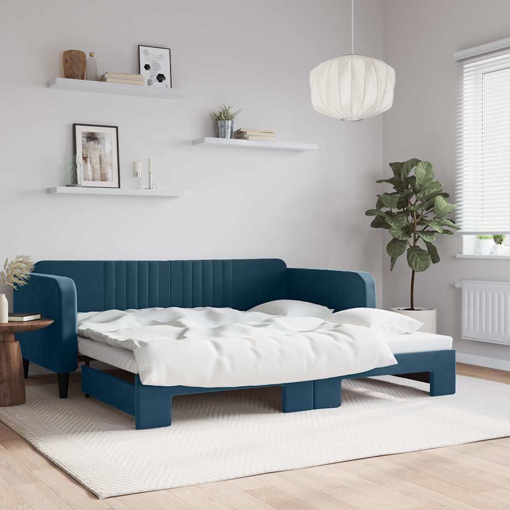 Divano Letto con Letto Estraibile Blu 100x200 cm in Velluto