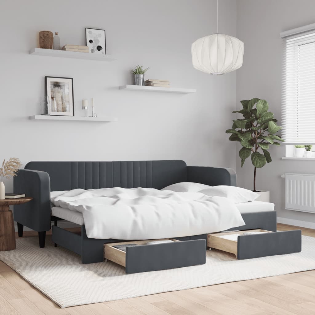 Divano Letto Estraibile Cassetti Grigio Scuro 80x200cm Velluto