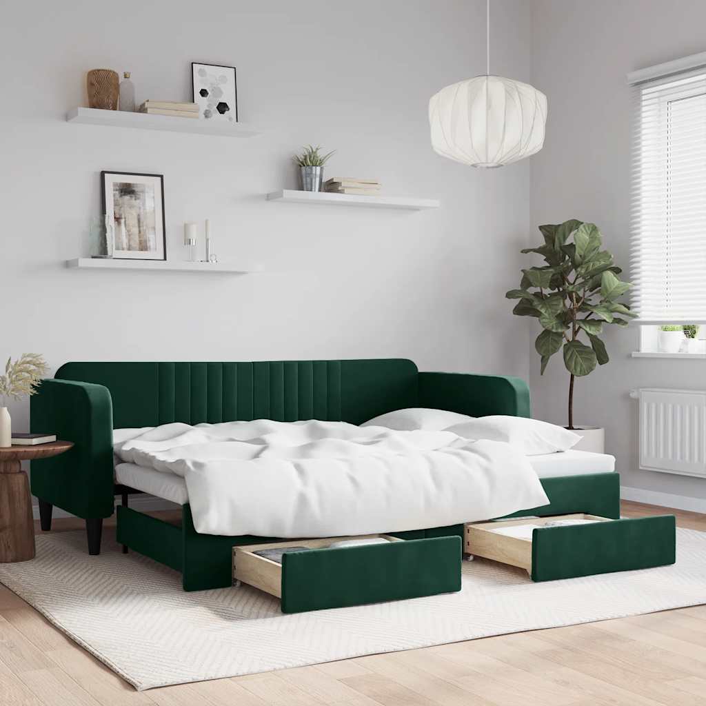 Divano Letto Estraibile Cassetti Verde Scuro 80x200cm Velluto