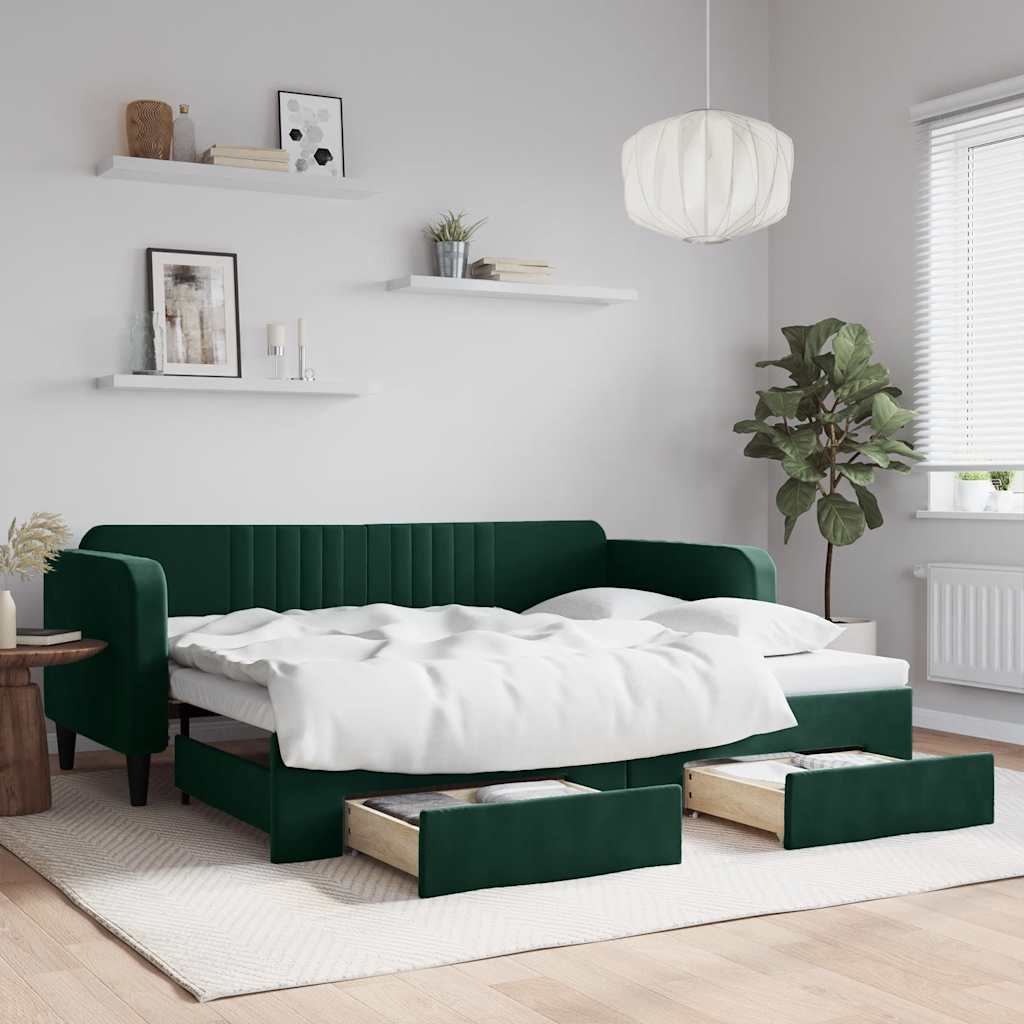 Divano Letto Estraibile Cassetti Verde Scuro 90x200cm Velluto