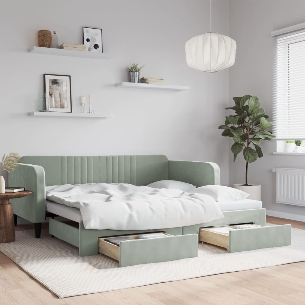 Divano Letto Estraibile Cassetti Grigio Chiaro 90x190cm Velluto