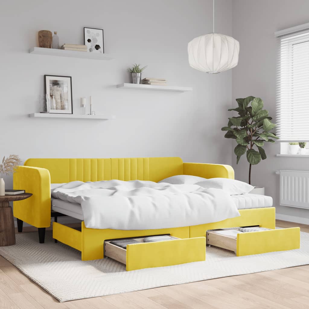 Divano Letto Estraibile con Cassetti Giallo 90x200cm in Velluto