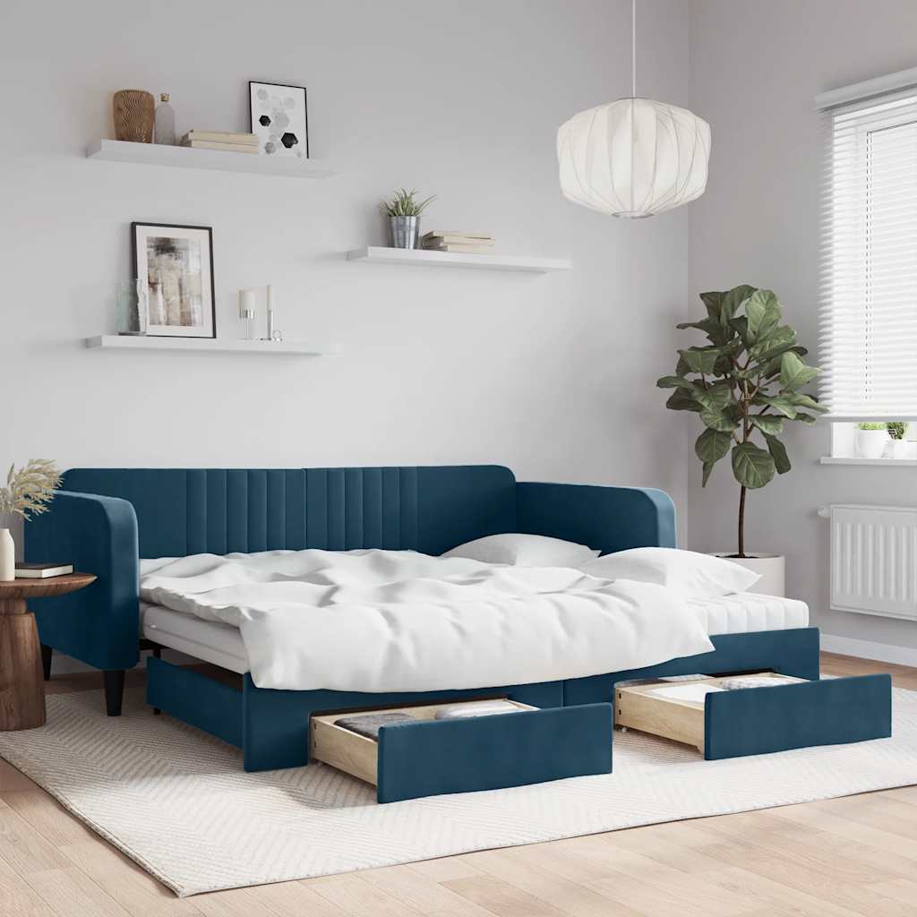 Divano Letto Estraibile con Cassetti Blu 100x200 cm in Velluto