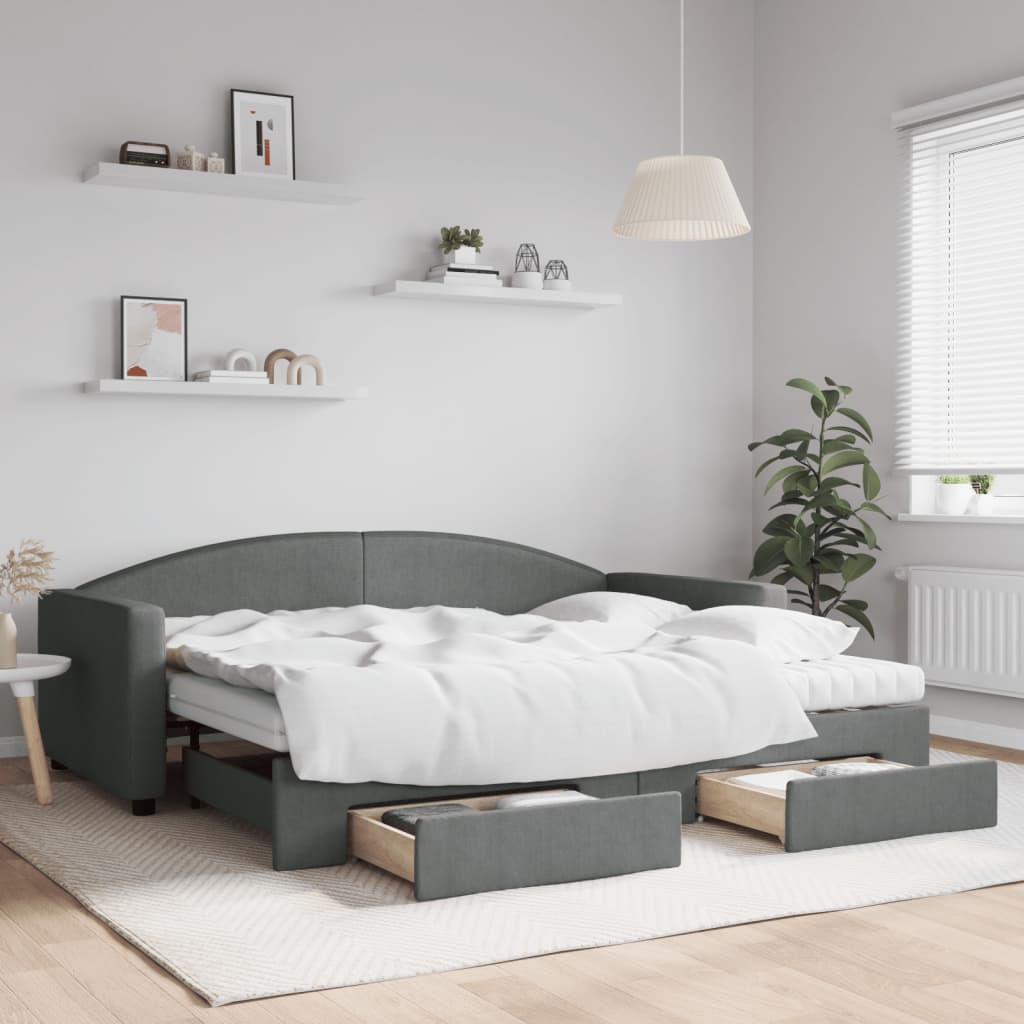 Divano Letto Estraibile Cassetti Grigio Scuro 90x200cm Tessuto