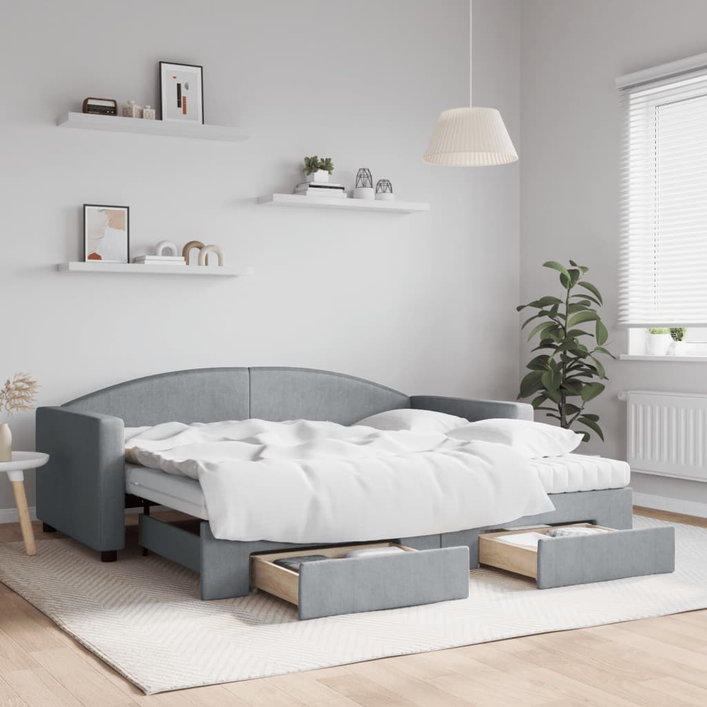 Divano Letto Estraibile Cassetti Grigio Chiaro 90x190cm Tessuto