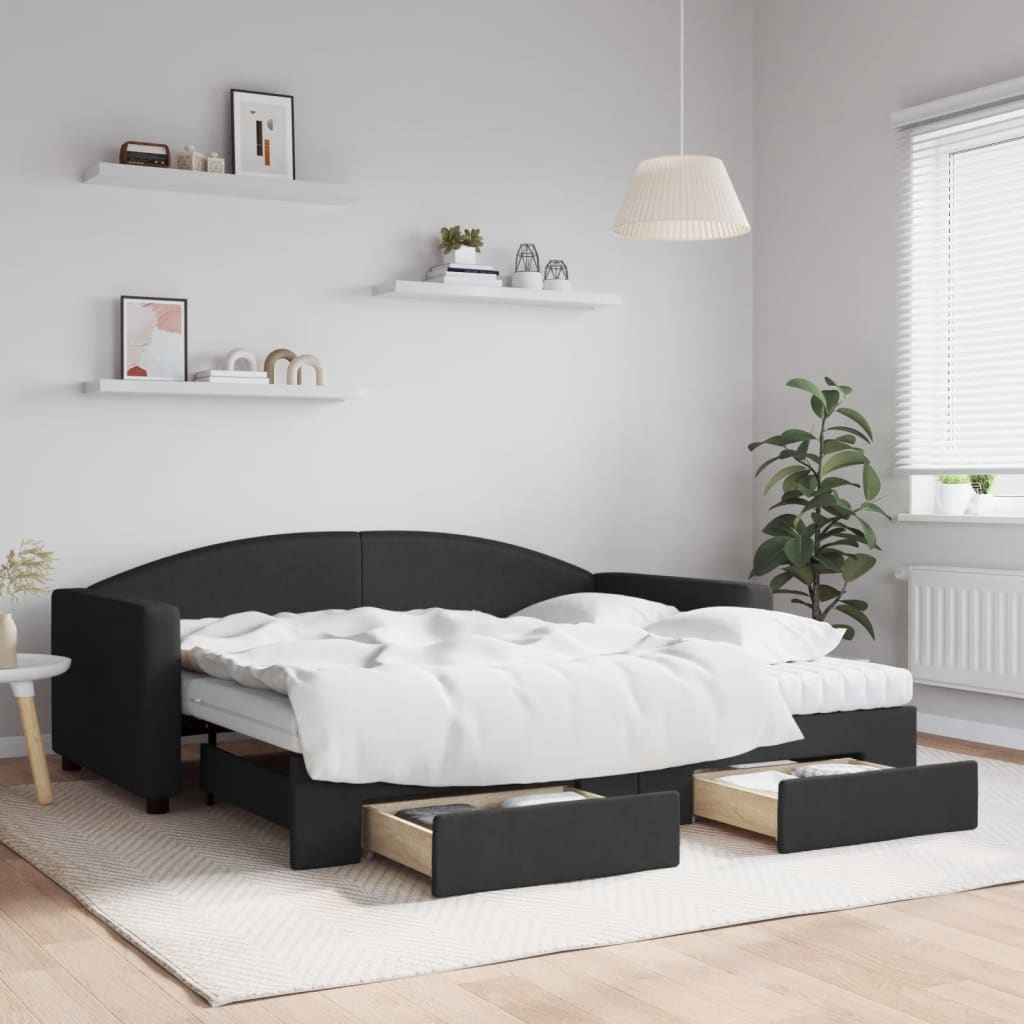 Divano Letto Estraibile con Cassetti Nero 90x190 cm in Tessuto