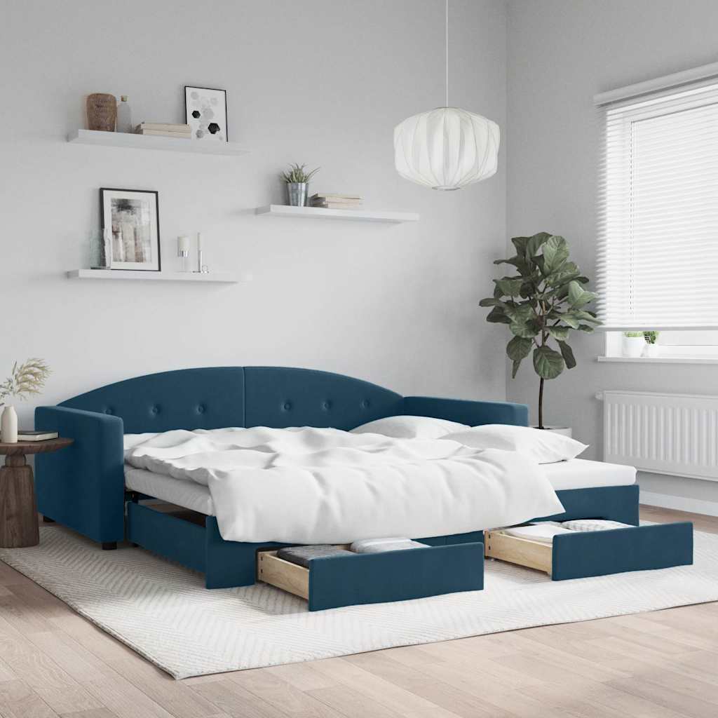 Divano Letto Estraibile con Cassetti Blu 100x200 cm in Velluto