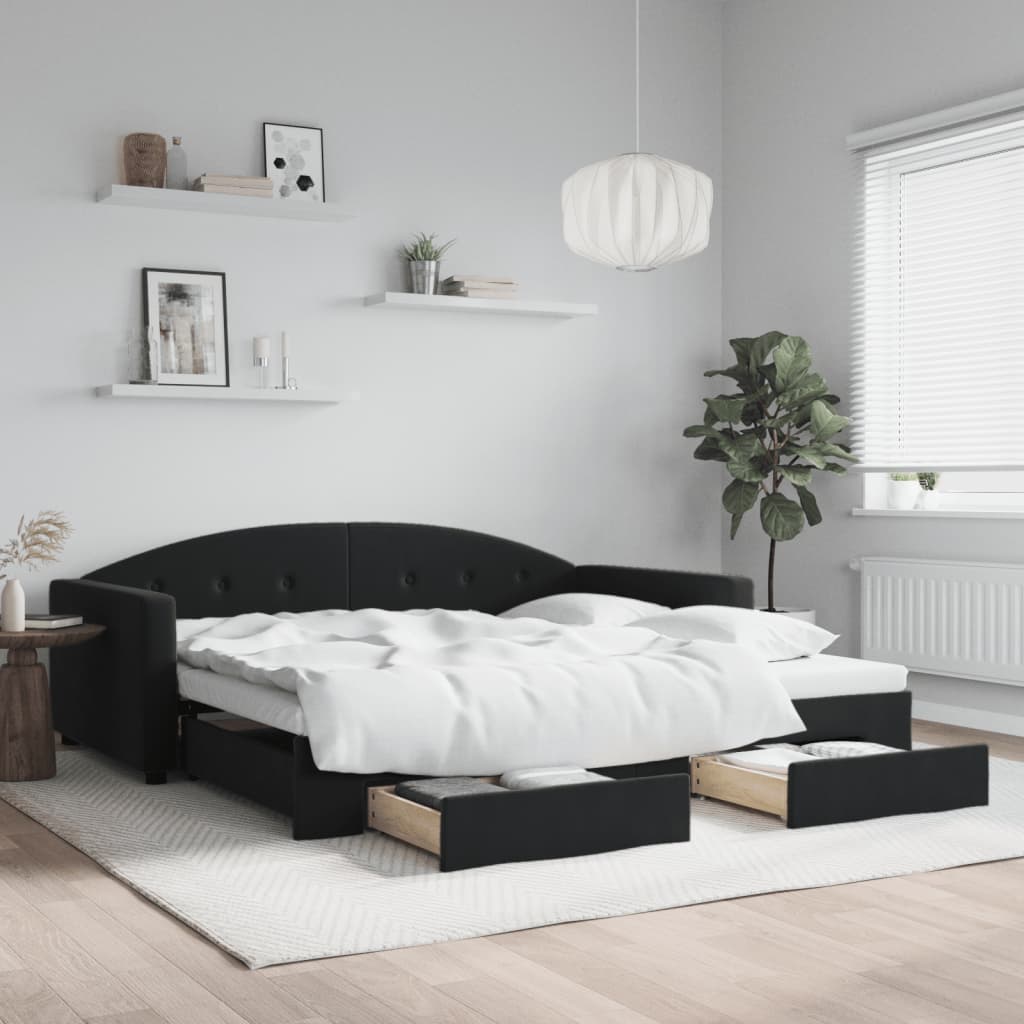 Divano Letto Estraibile con Cassetti Nero 100x200 cm in Velluto