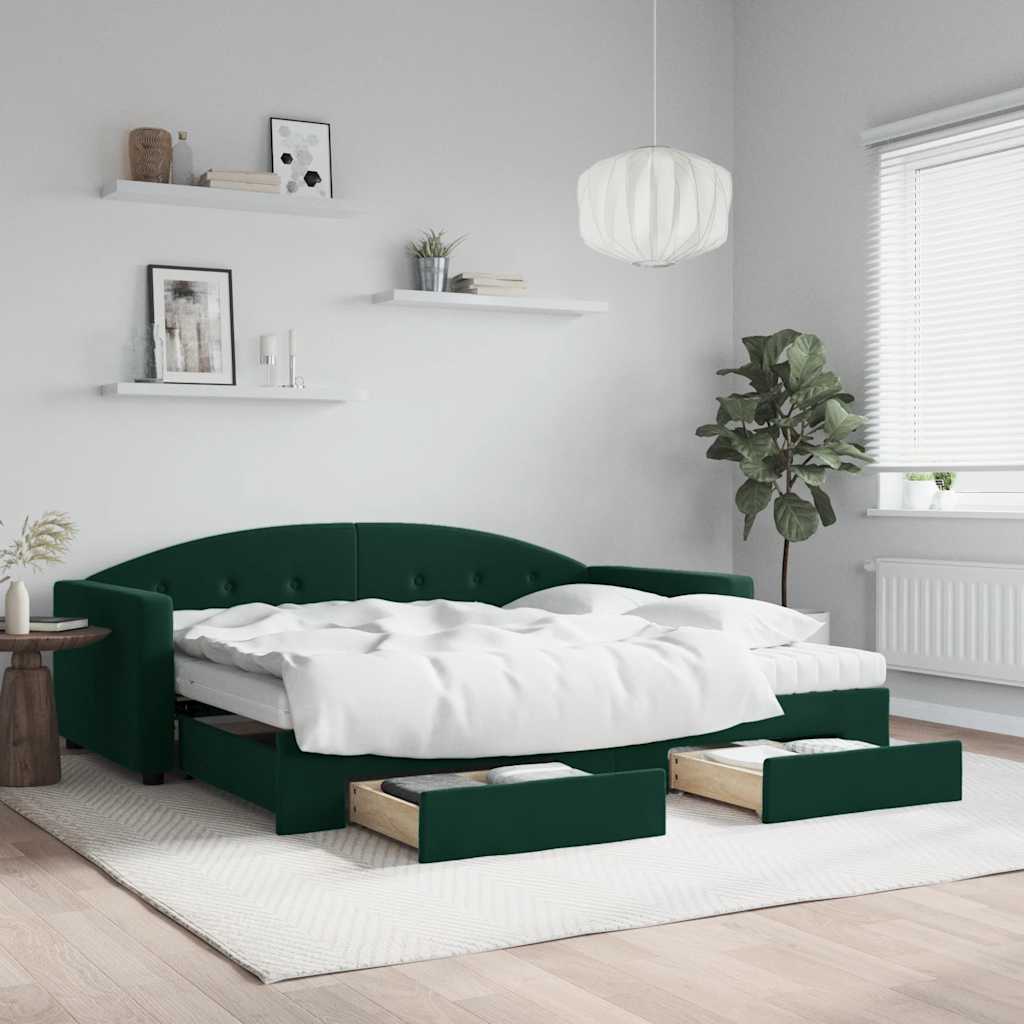 Divano Letto Estraibile Cassetti Verde Scuro 90x200cm Velluto
