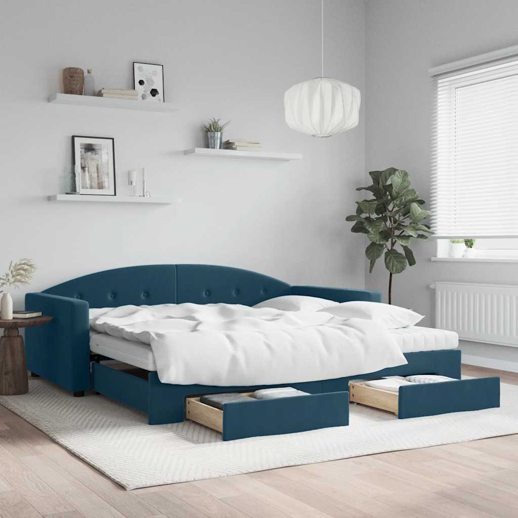 Divano Letto Estraibile con Cassetti Blu 100x200 cm in Velluto