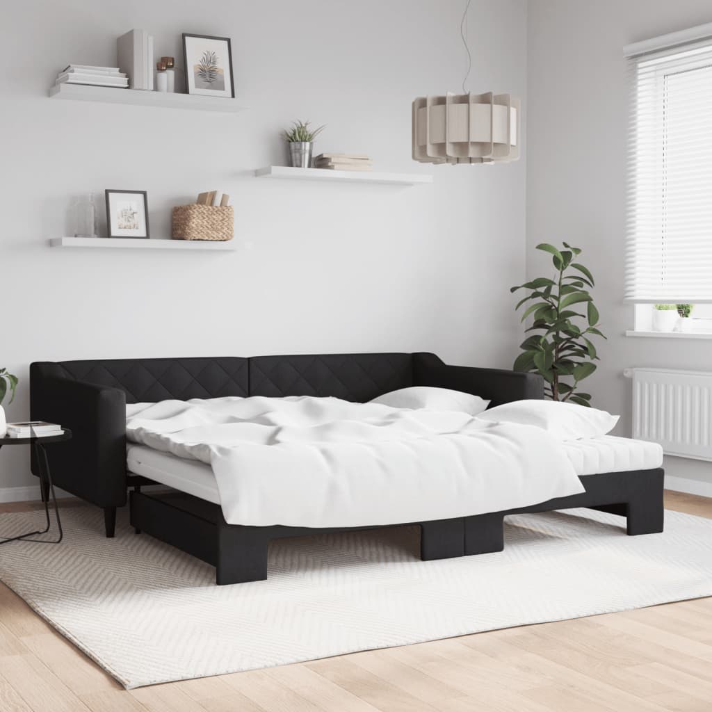 Divano Letto Estraibile con Materassi Nero 100x200 cm Tessuto