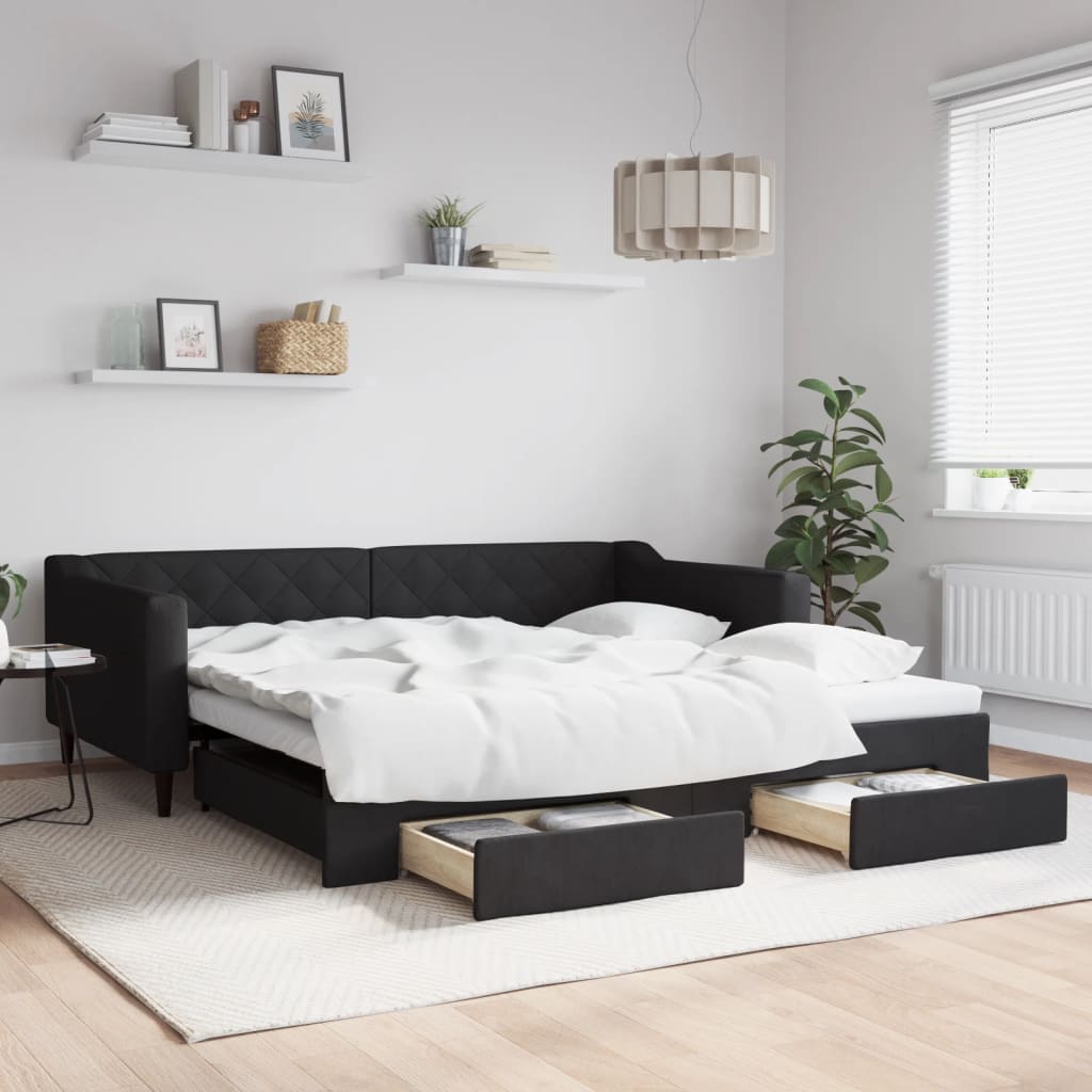 Divano Letto Estraibile con Cassetti Nero 100x200 cm in Tessuto