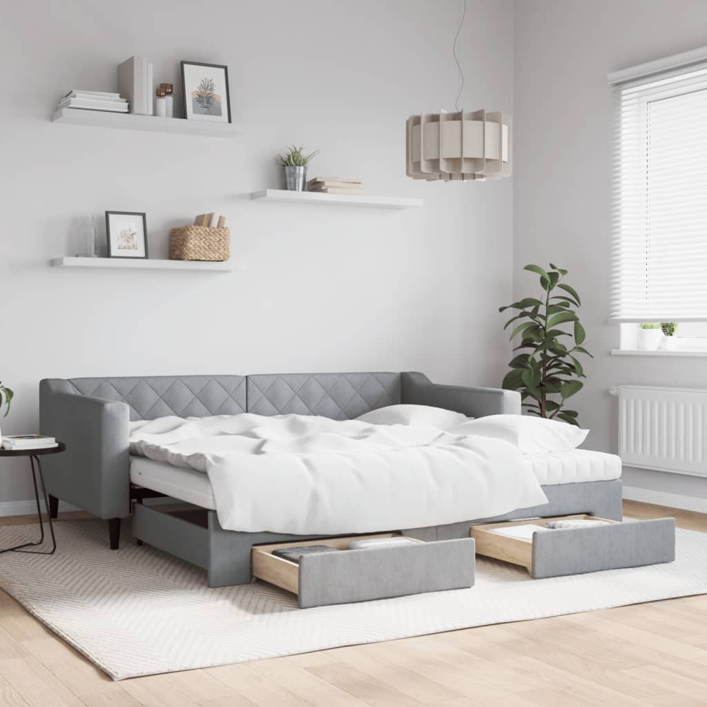 Divano Letto Estraibile Cassetti Grigio Chiaro 90x190cm Tessuto