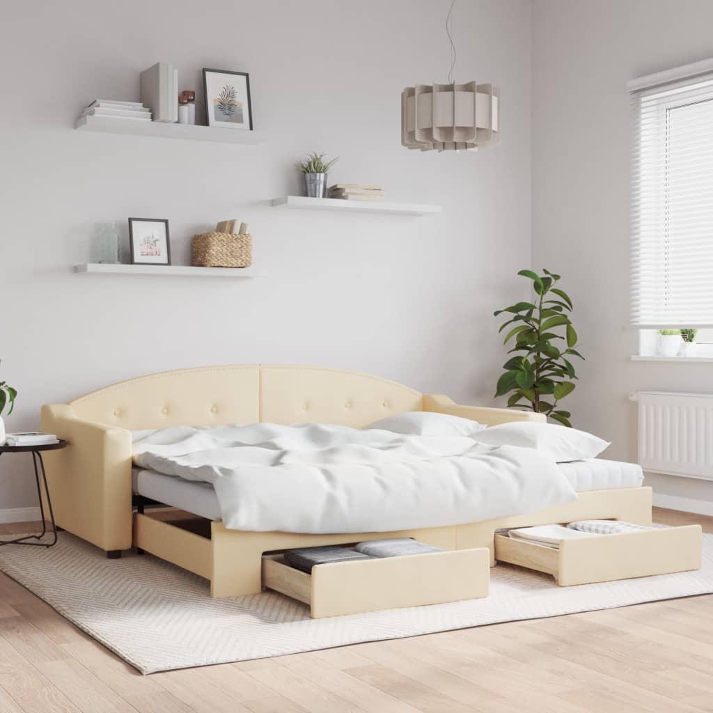 Divano Letto Estraibile con Cassetti Crema 90x200 cm in Tessuto