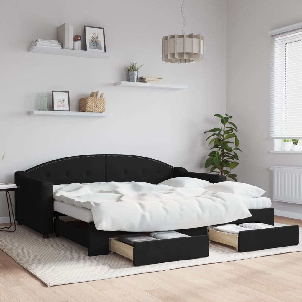 Divano Letto Estraibile con Cassetti Nero 90x190 cm in Tessuto