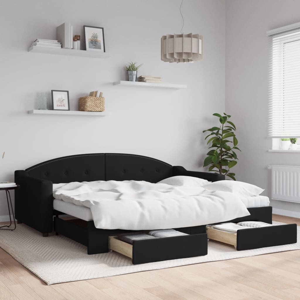Divano Letto Estraibile con Cassetti Nero 90x190 cm in Tessuto
