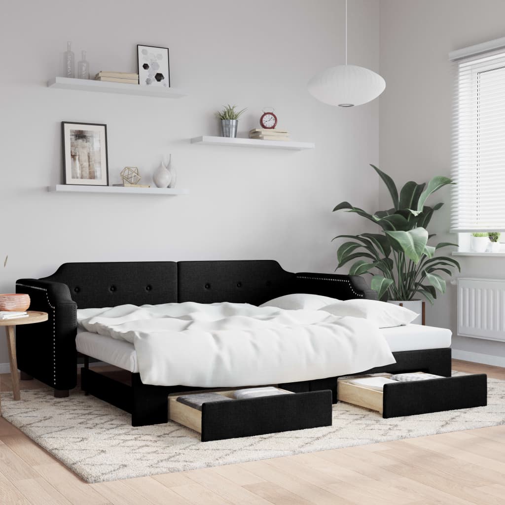Divano Letto Estraibile con Cassetti Nero 90x190 cm in Tessuto