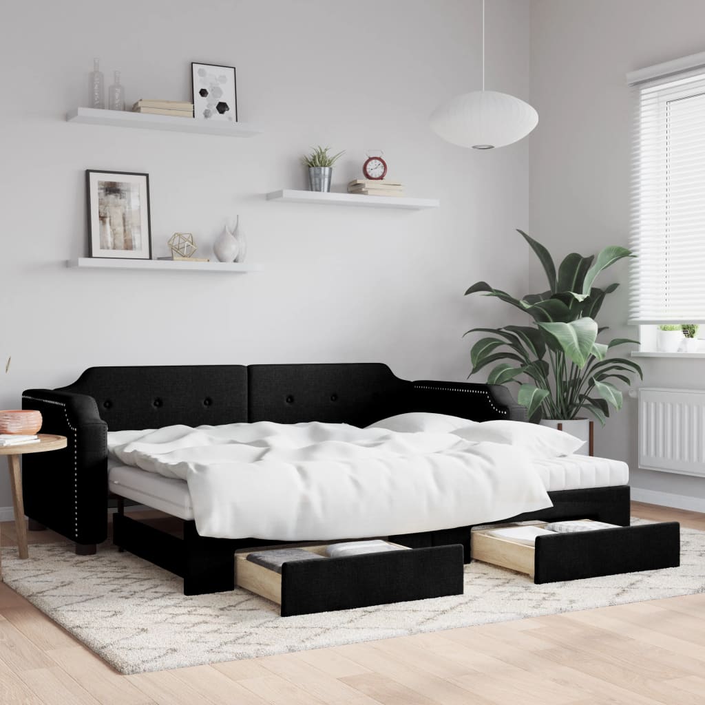 Divano Letto Estraibile con Cassetti Nero 100x200 cm in Tessuto