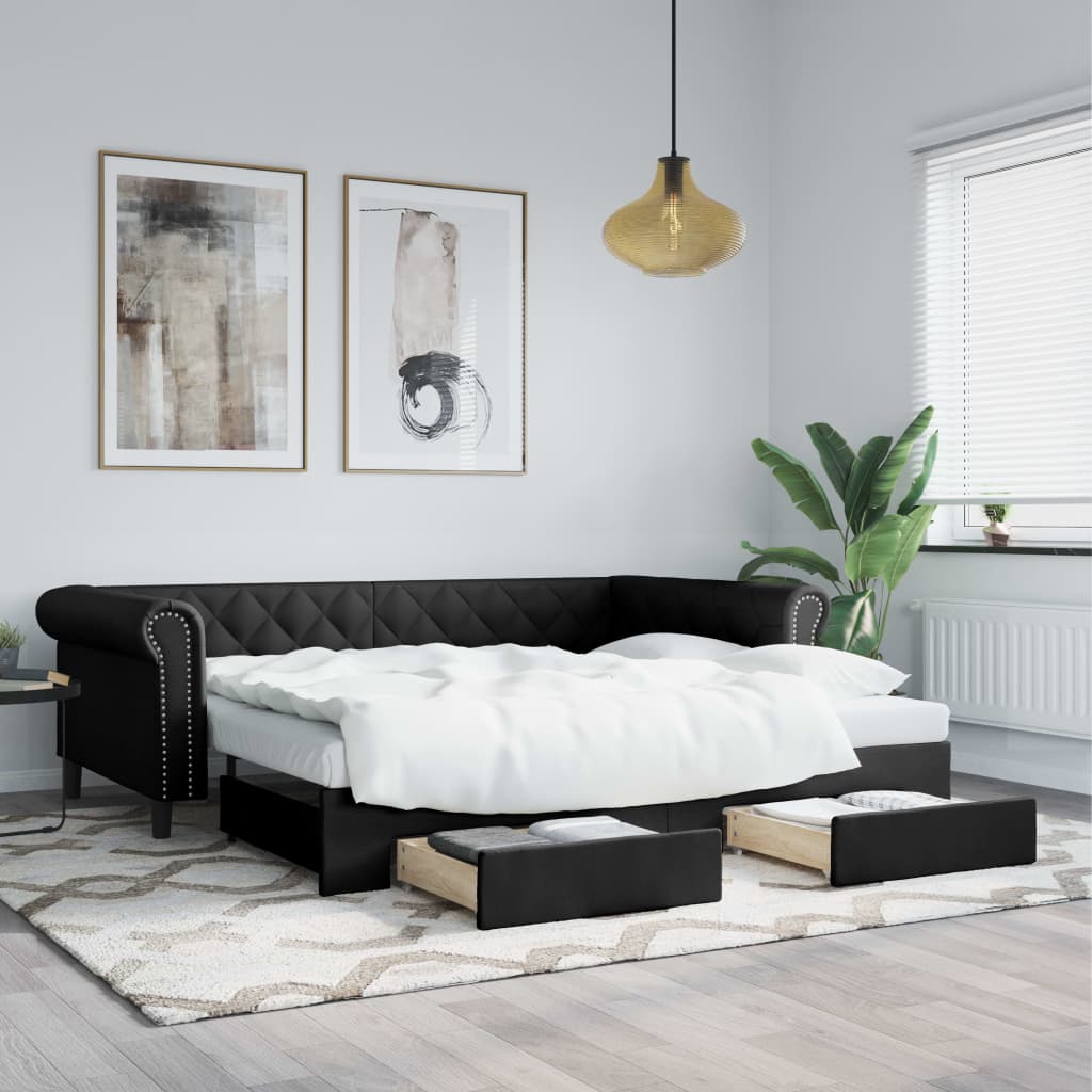 Divano Letto Estraibile con Cassetti Nero 90x200 cm Similpelle