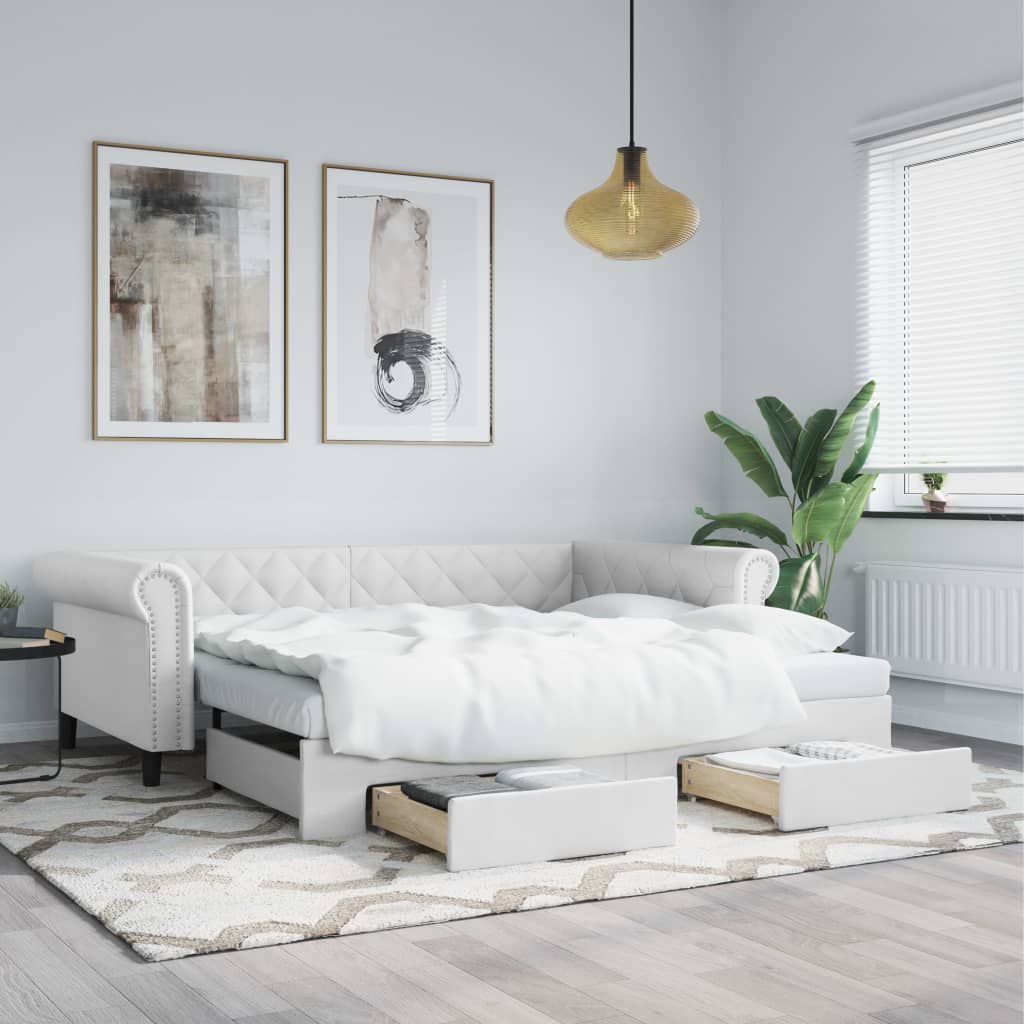 Divano Letto Estraibile con Cassetti Bianco 90x200cm Similpelle