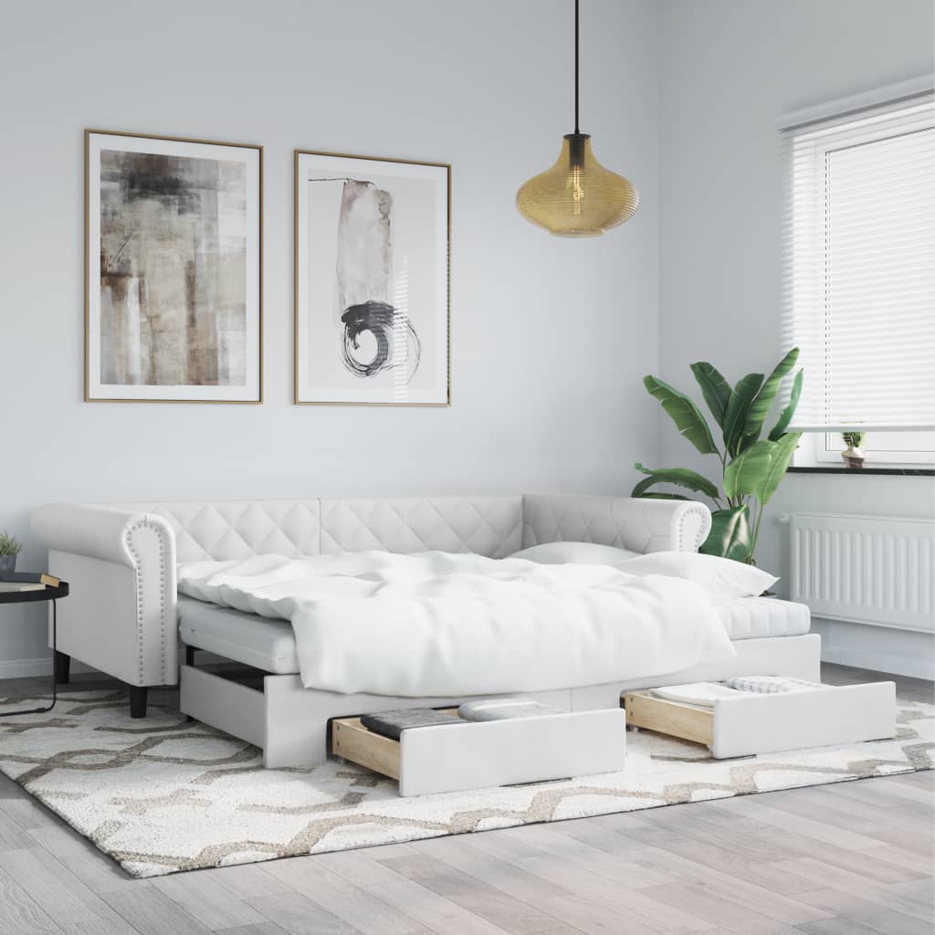 Divano Letto Estraibile con Cassetti Bianco 90x200cm Similpelle