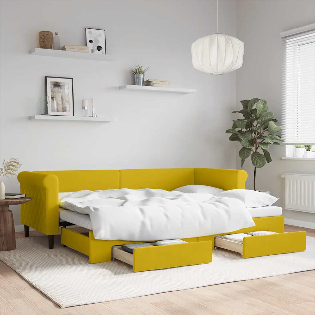 Divano Letto Estraibile con Cassetti Giallo 80x200cm in Velluto