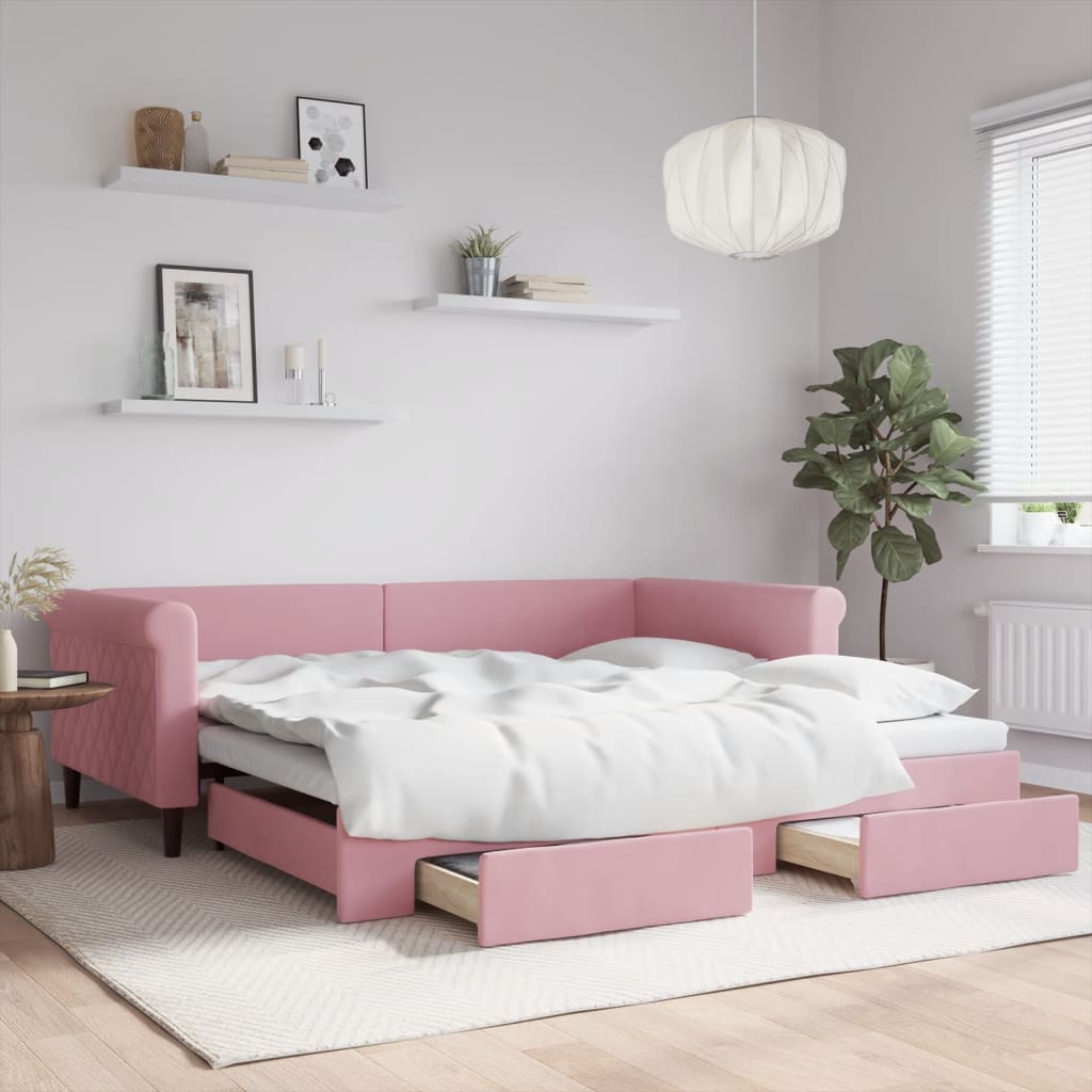 Divano Letto Estraibile con Cassetti Rosa 100x200 cm Velluto