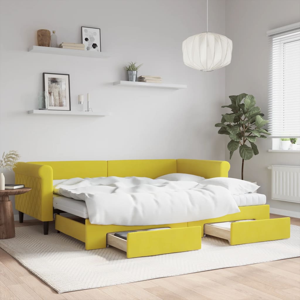 Divano Letto Estraibile con Cassetti Giallo 90x200cm in Velluto