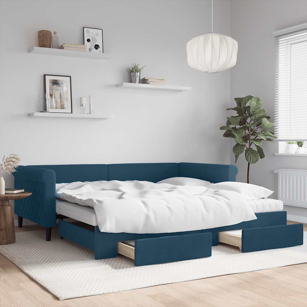 Divano Letto Estraibile con Cassetti Blu 100x200 cm in Velluto
