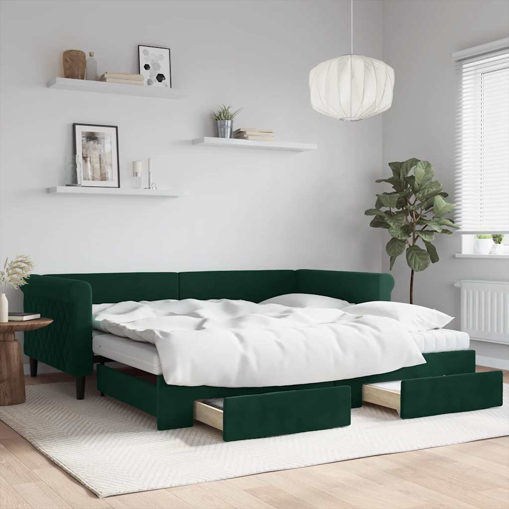 Divano Letto Estraibile Cassetti Verde Scuro 100x200cm Velluto