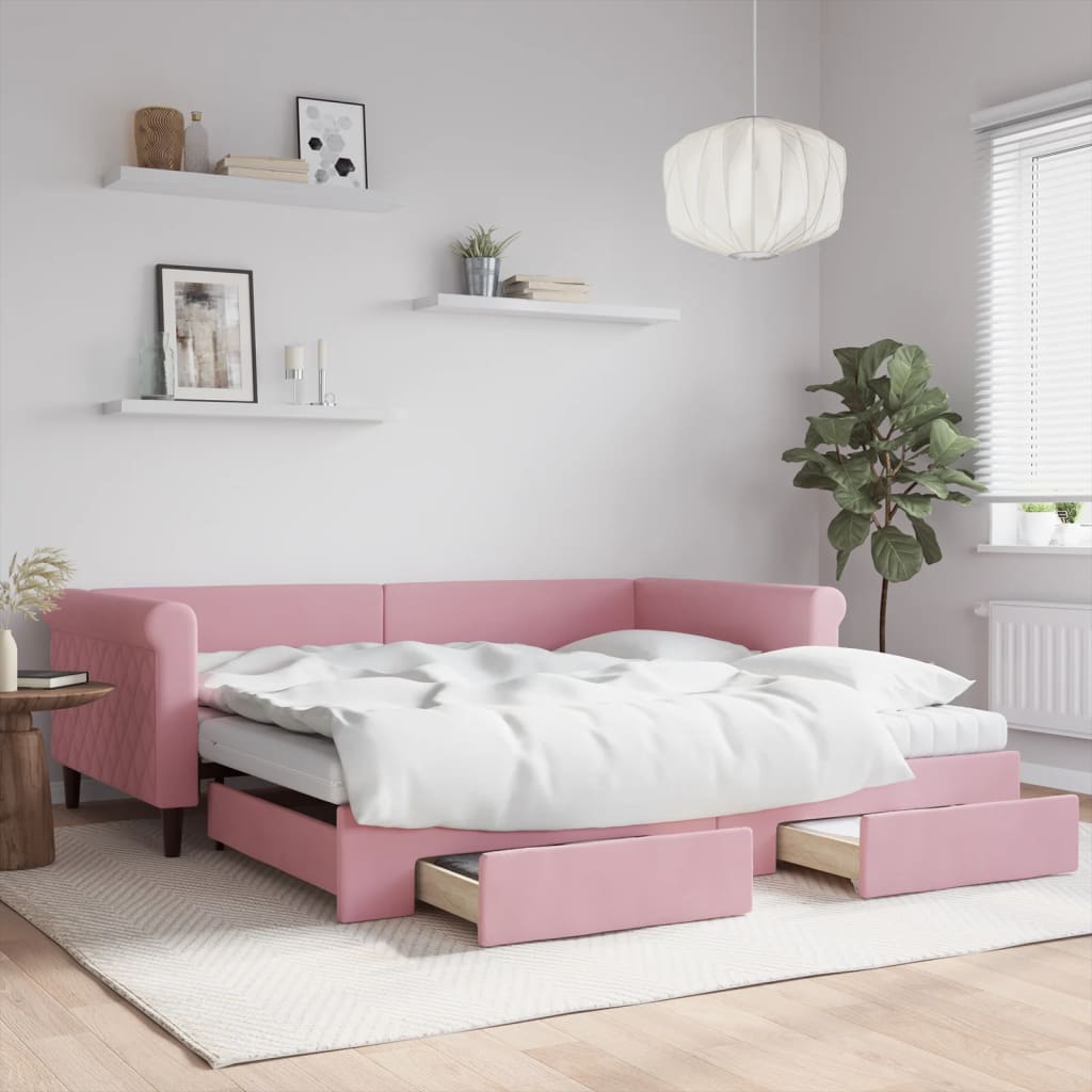 Divano Letto Estraibile con Cassetti Rosa 100x200 cm Velluto