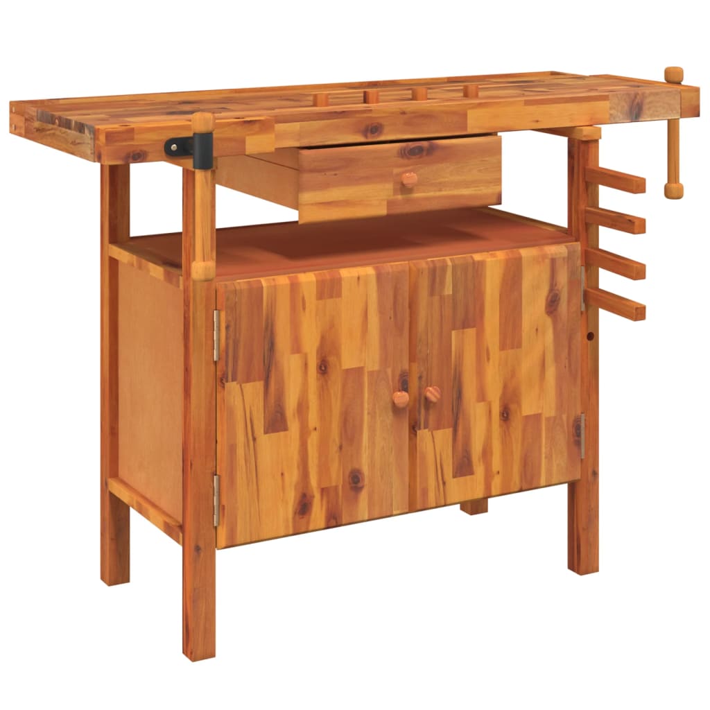Banco da lavoro con cassetto e morse 124x52x83 cm in legno massello di acacia