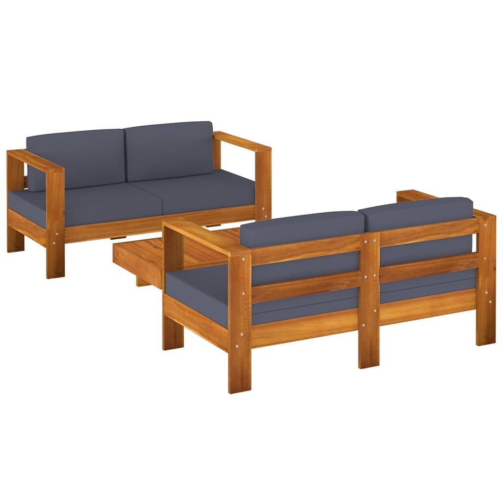 Set Divani Giardino 3 pz Cuscini Grigio Scuro in Legno Massello