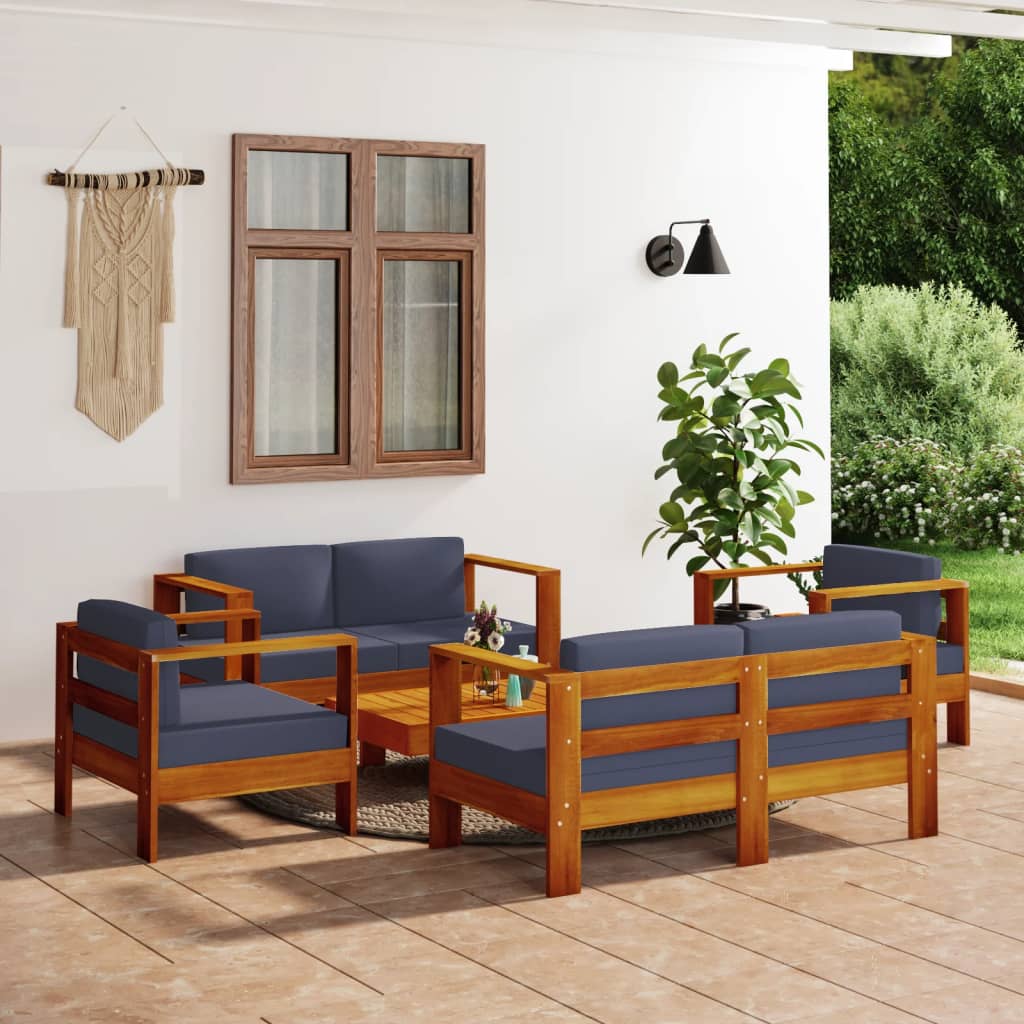 Set Divani Giardino 5 pz Cuscini Grigio Scuro in Legno Massello