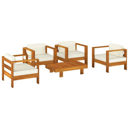 Set Divani Giardino 5 pz Cuscini Bianco Crema in Legno Massello