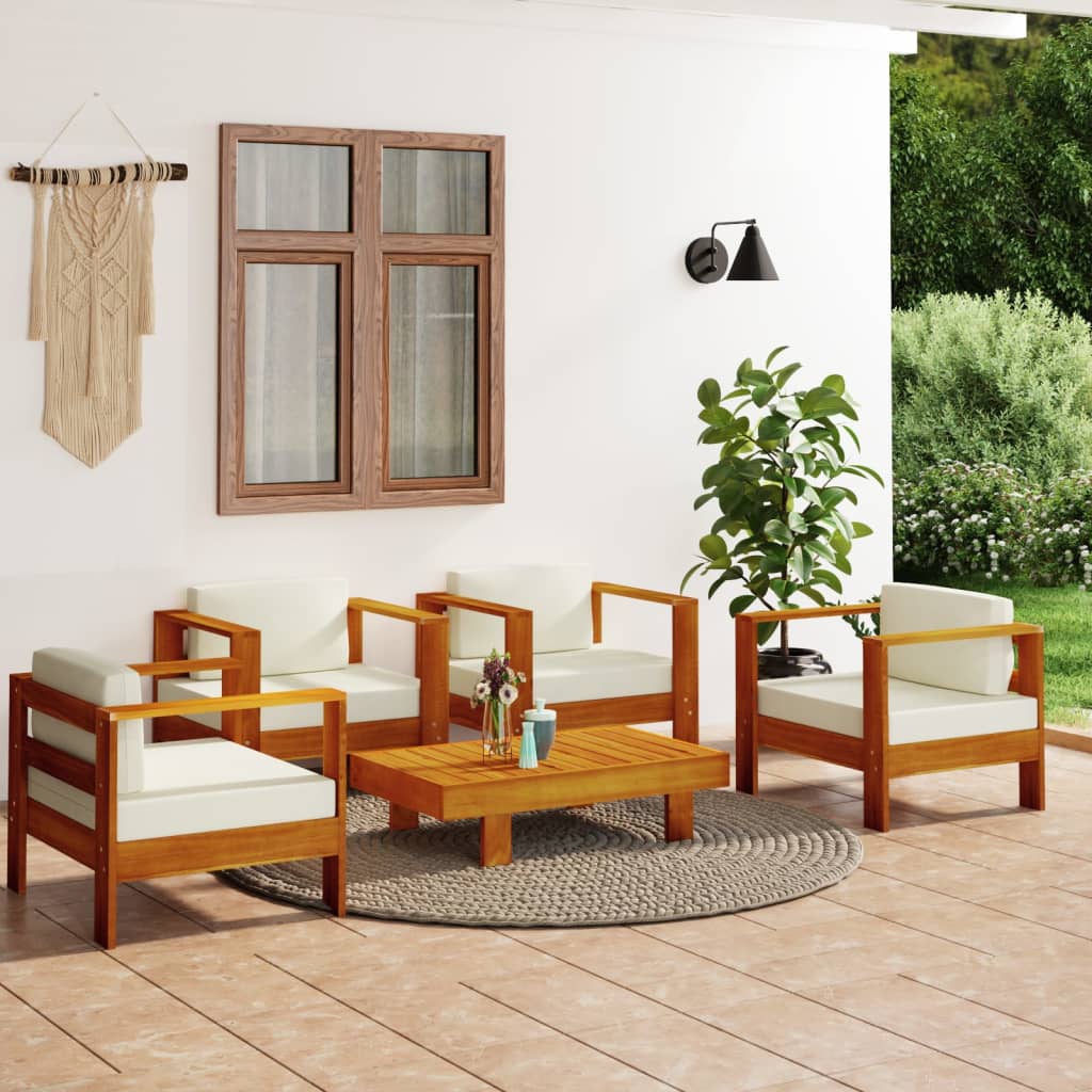 Set Divani Giardino 5 pz Cuscini Bianco Crema in Legno Massello