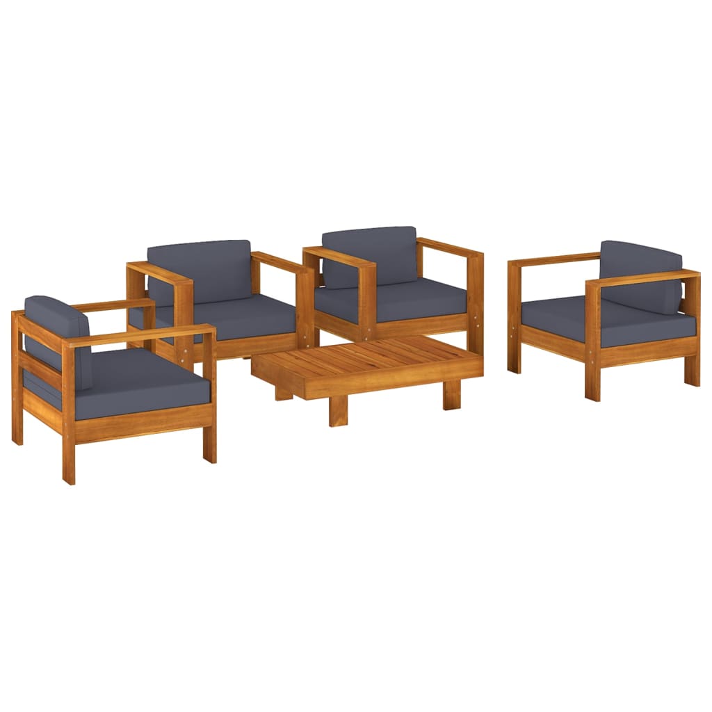 Set Divani Giardino 5 pz Cuscini Grigio Scuro in Legno Massello