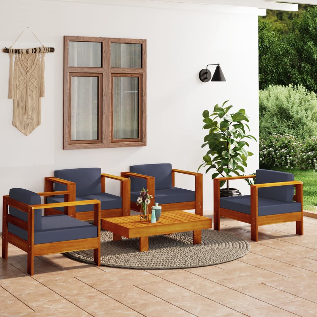 Set Divani Giardino 5 pz Cuscini Grigio Scuro in Legno Massello