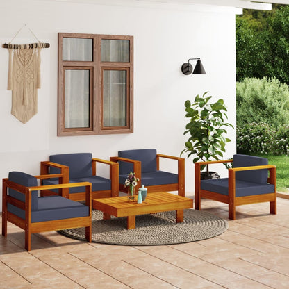 Set Divani Giardino 5 pz Cuscini Grigio Scuro in Legno Massello