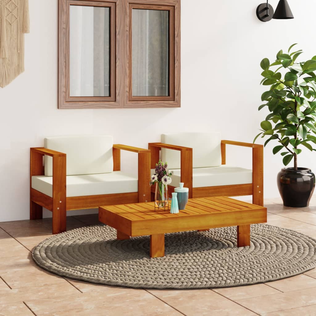Set Divani Giardino 3 pz Cuscini Bianco Crema in Legno Massello