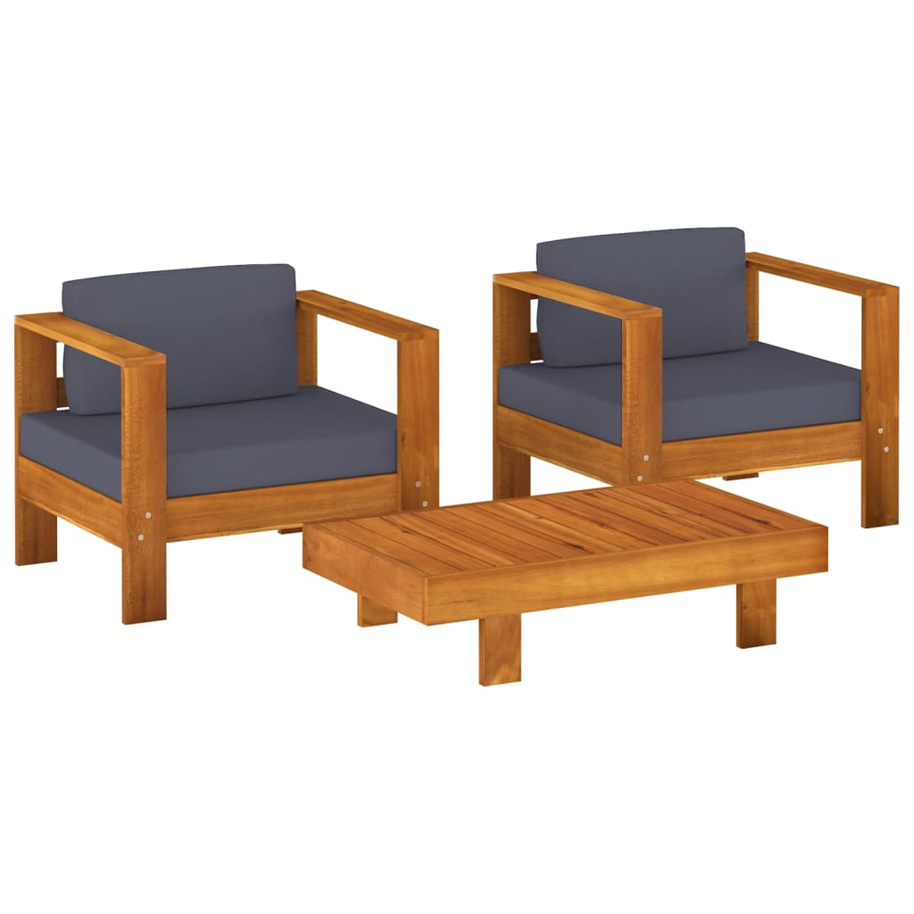 Set Divani Giardino 3pz con Cuscini Grigio Scuro Legno Massello